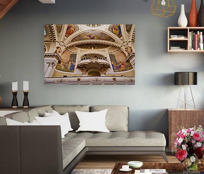 Ornate theater interior with murals sculptures and balcony. Reproduction