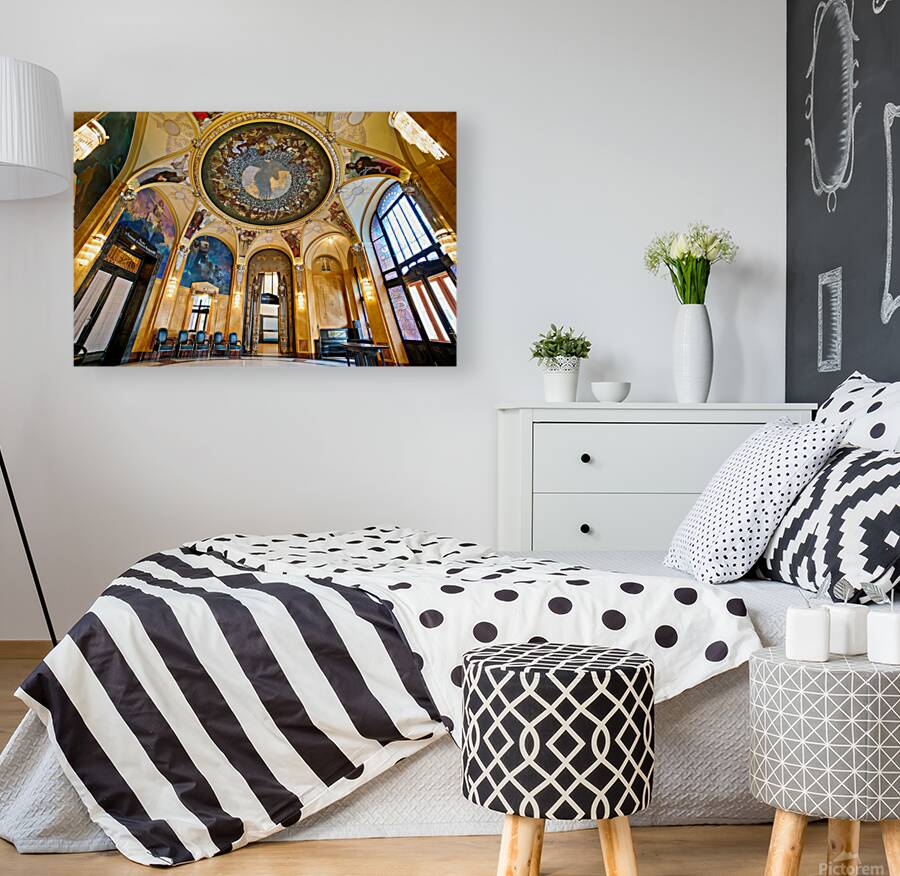 Grand hall with elaborate murals dome and stained glass. Reproduction