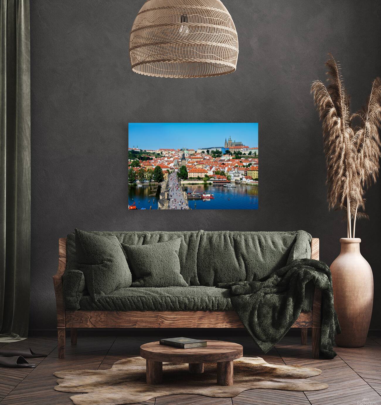 Pragues iconic Charles Bridge Vltava River and historic city  Reproduction