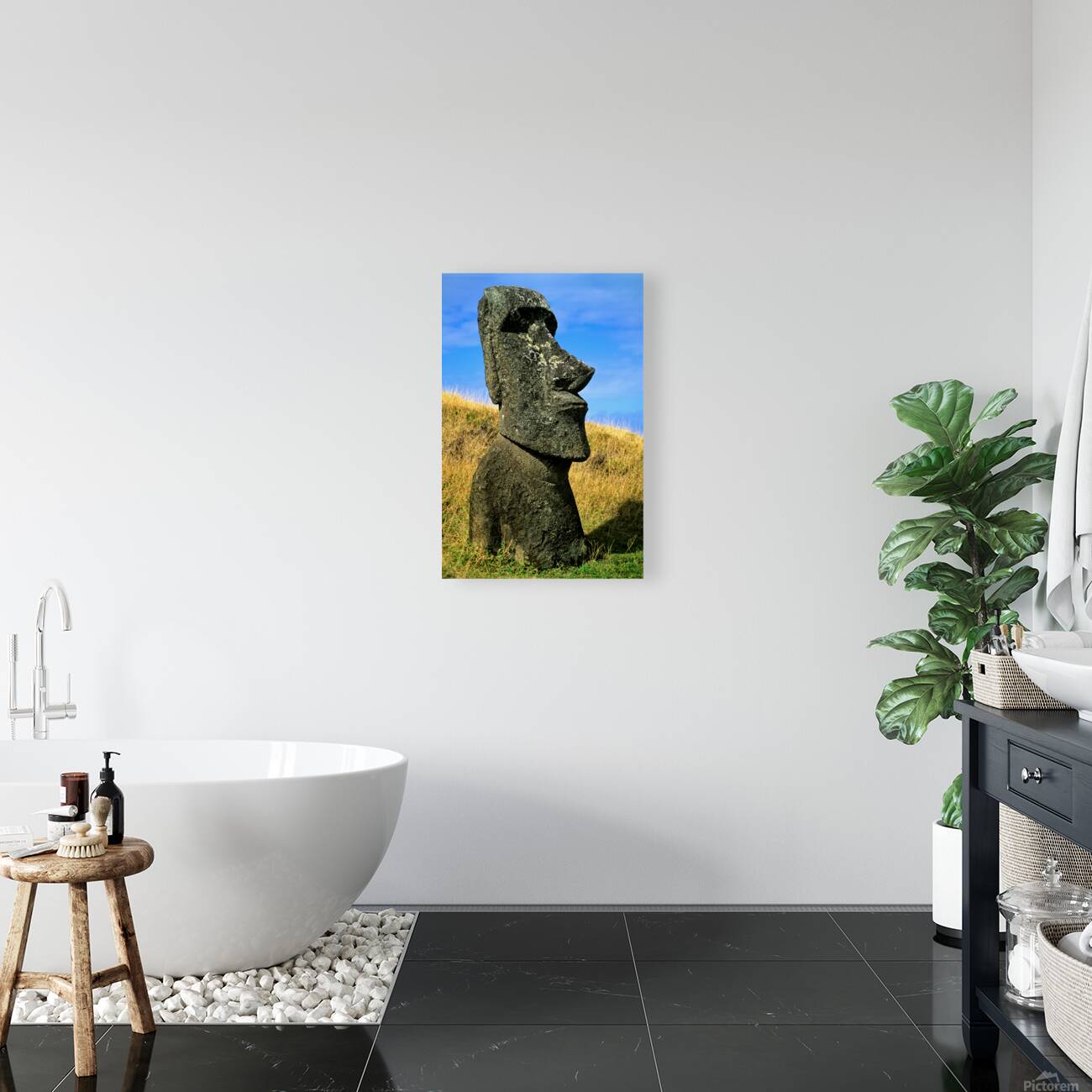 Iconic Moai statue stands tall on Easter Island. Reproduction