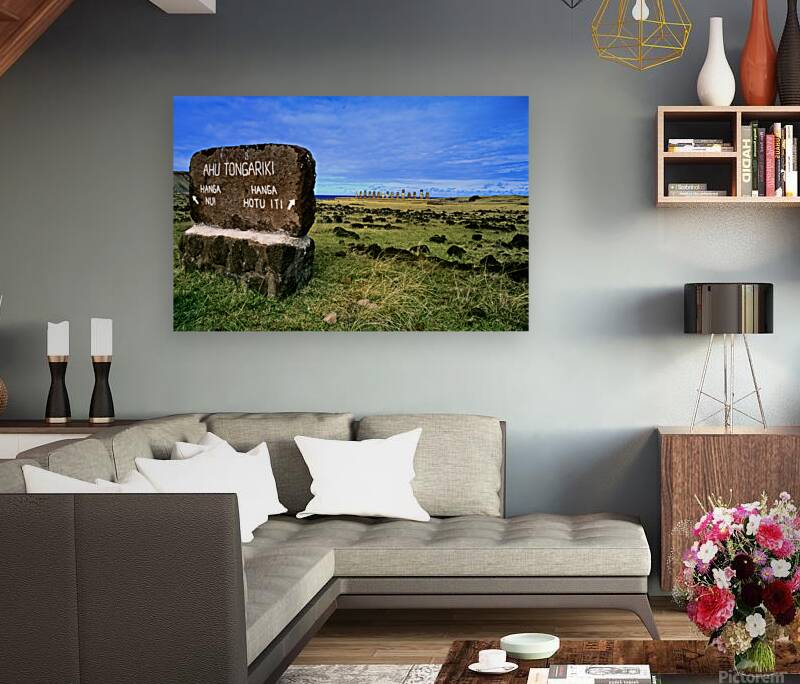 Easter Islands Ahu Tongariki Moai statues and directional sign. Reproduction