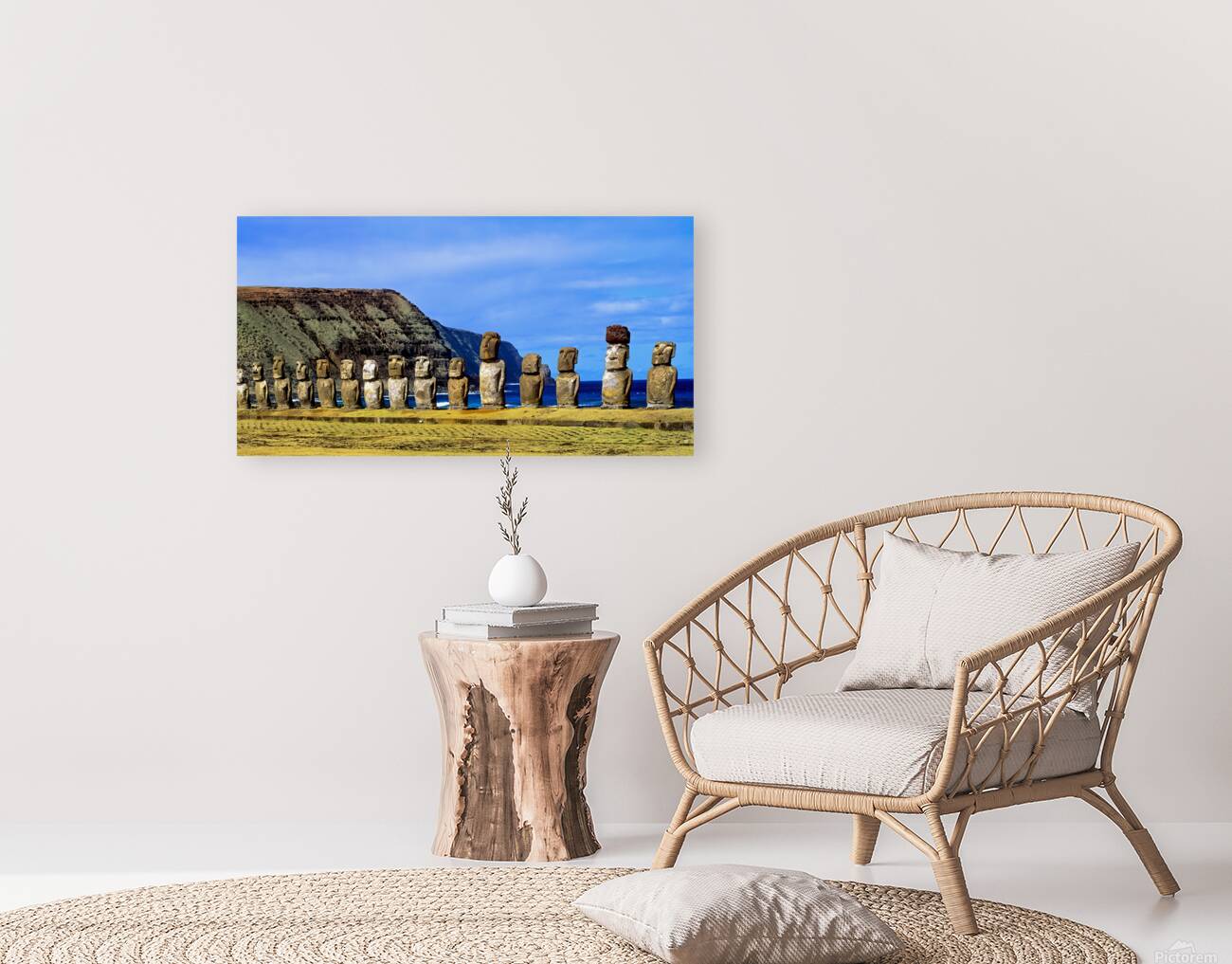 Easter Island Moai statues against ocean and cliffs. Reproduction