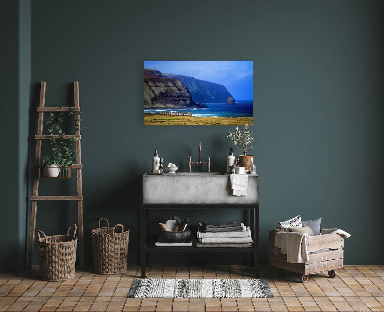 Moai statues on Easter Islands dramatic coastal landscape. Reproduction