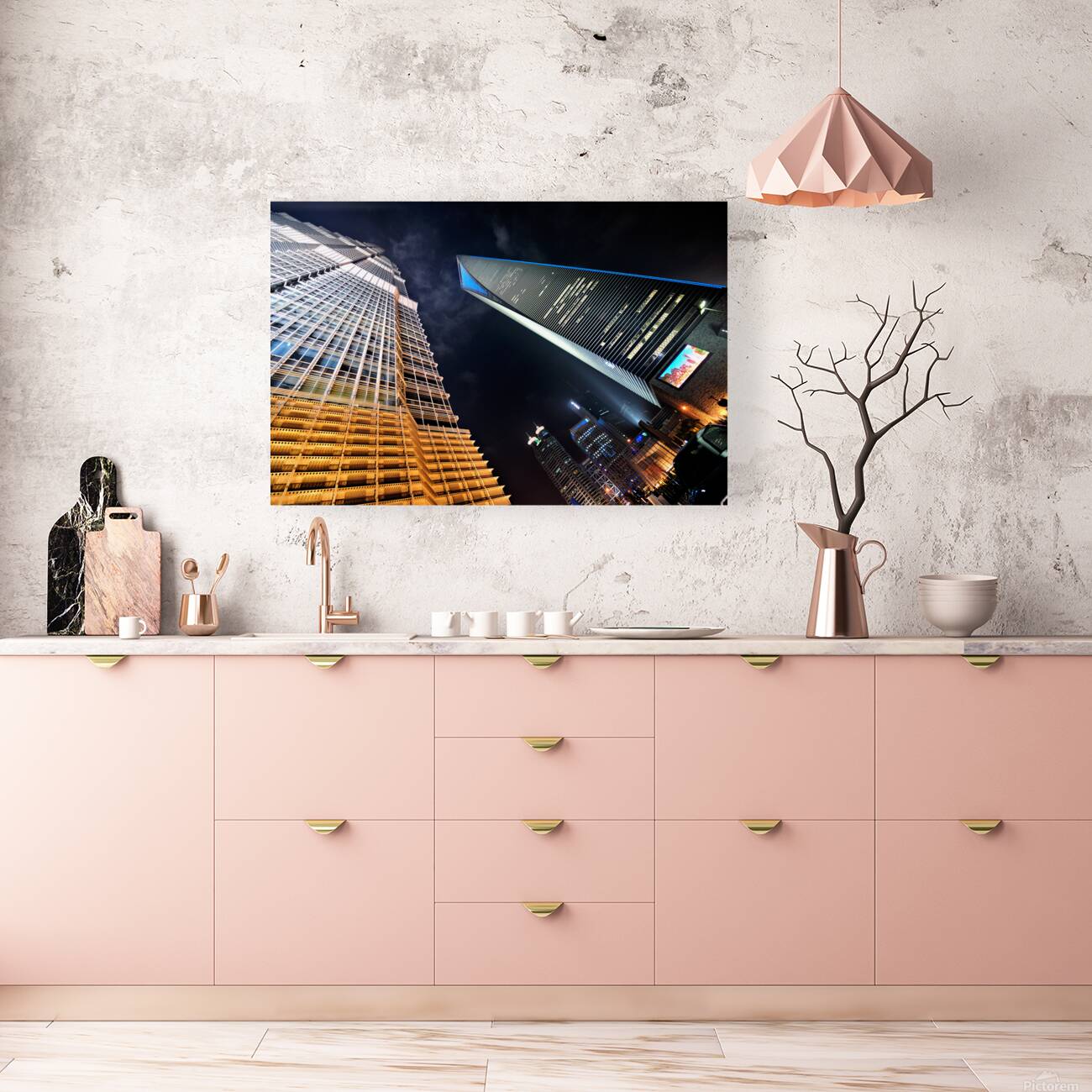 City skyline with skyscrapers shining bright in Shanghai at nigh Reproduction