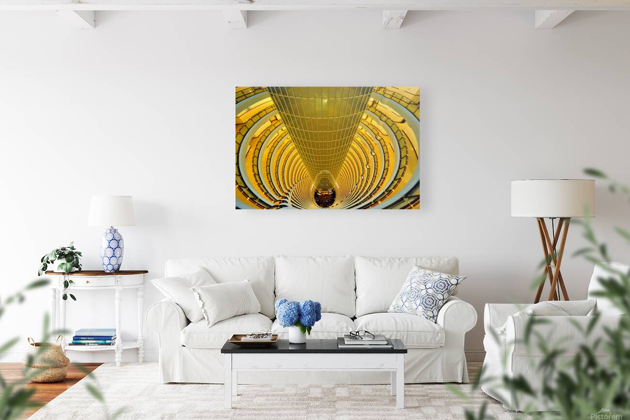 Golden hotel atrium with glass elevator in Shanghai China Reproduction