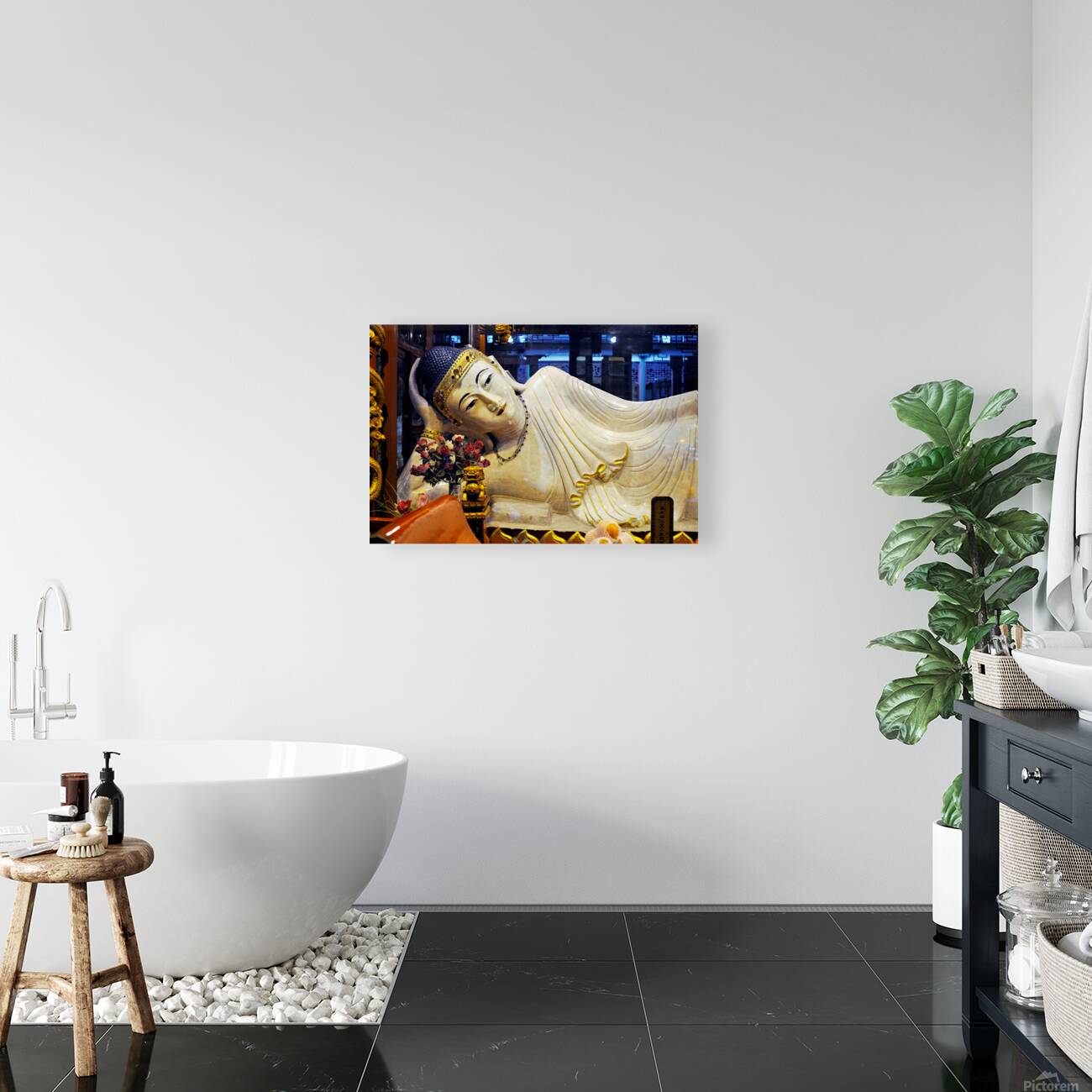 Reclining Buddha statue in Shanghai temple with flowers and gold Reproduction
