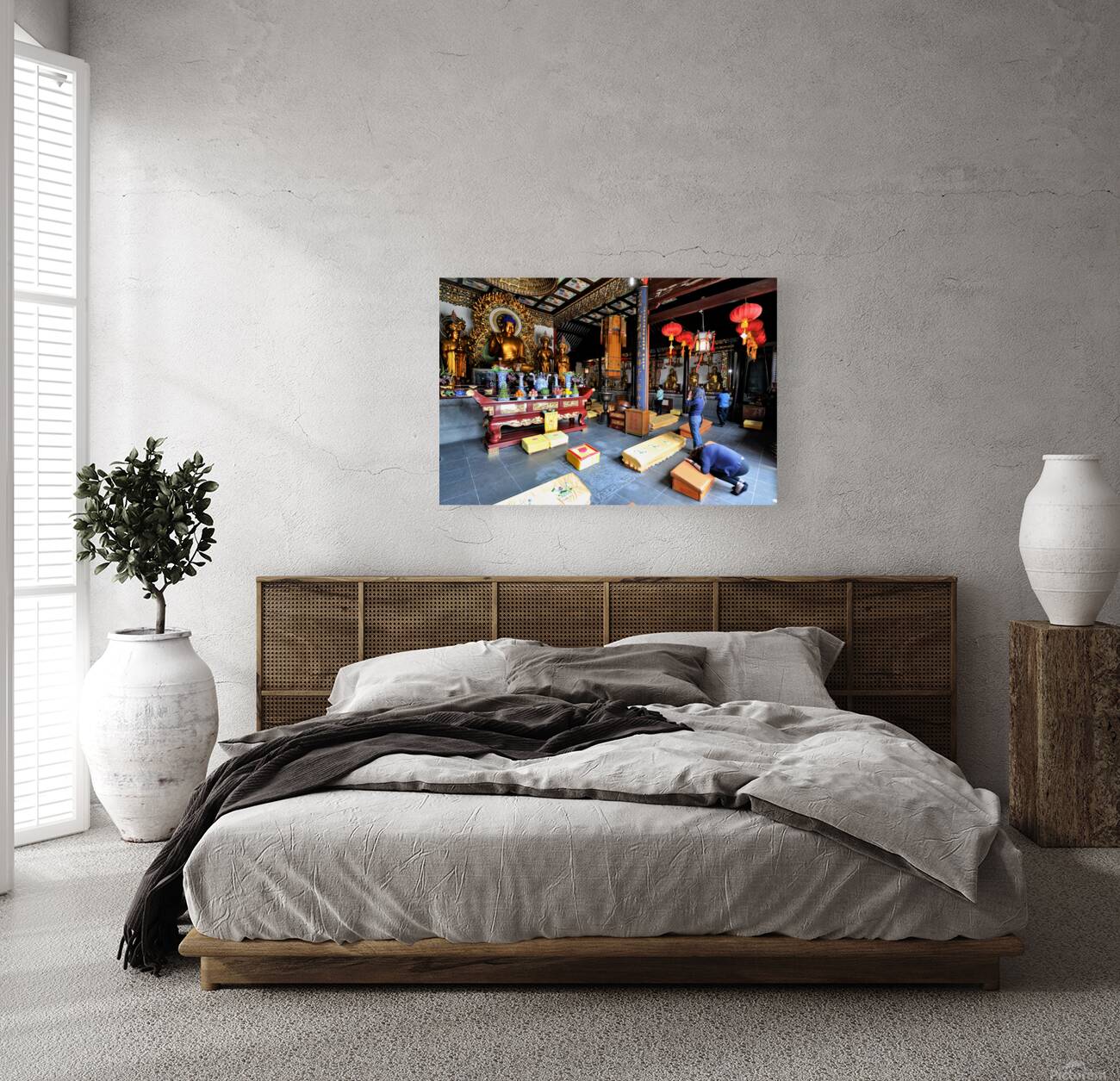 Worshippers offer prayers in a Buddhist temple in Shanghai Chin Reproduction