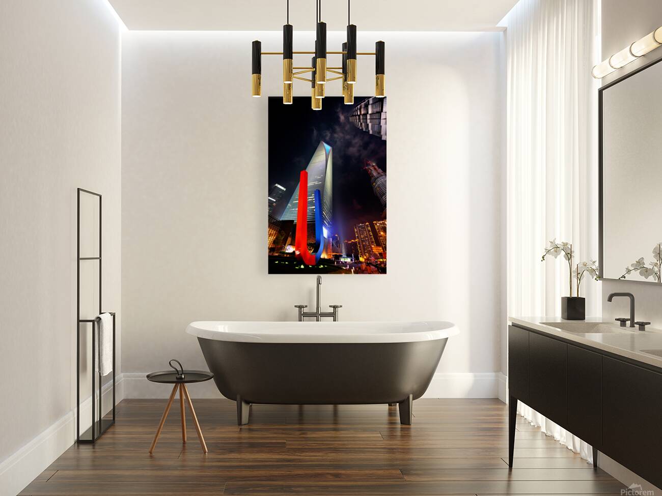 Luminous Shanghai skyscrapers and abstract sculpture at night Reproduction