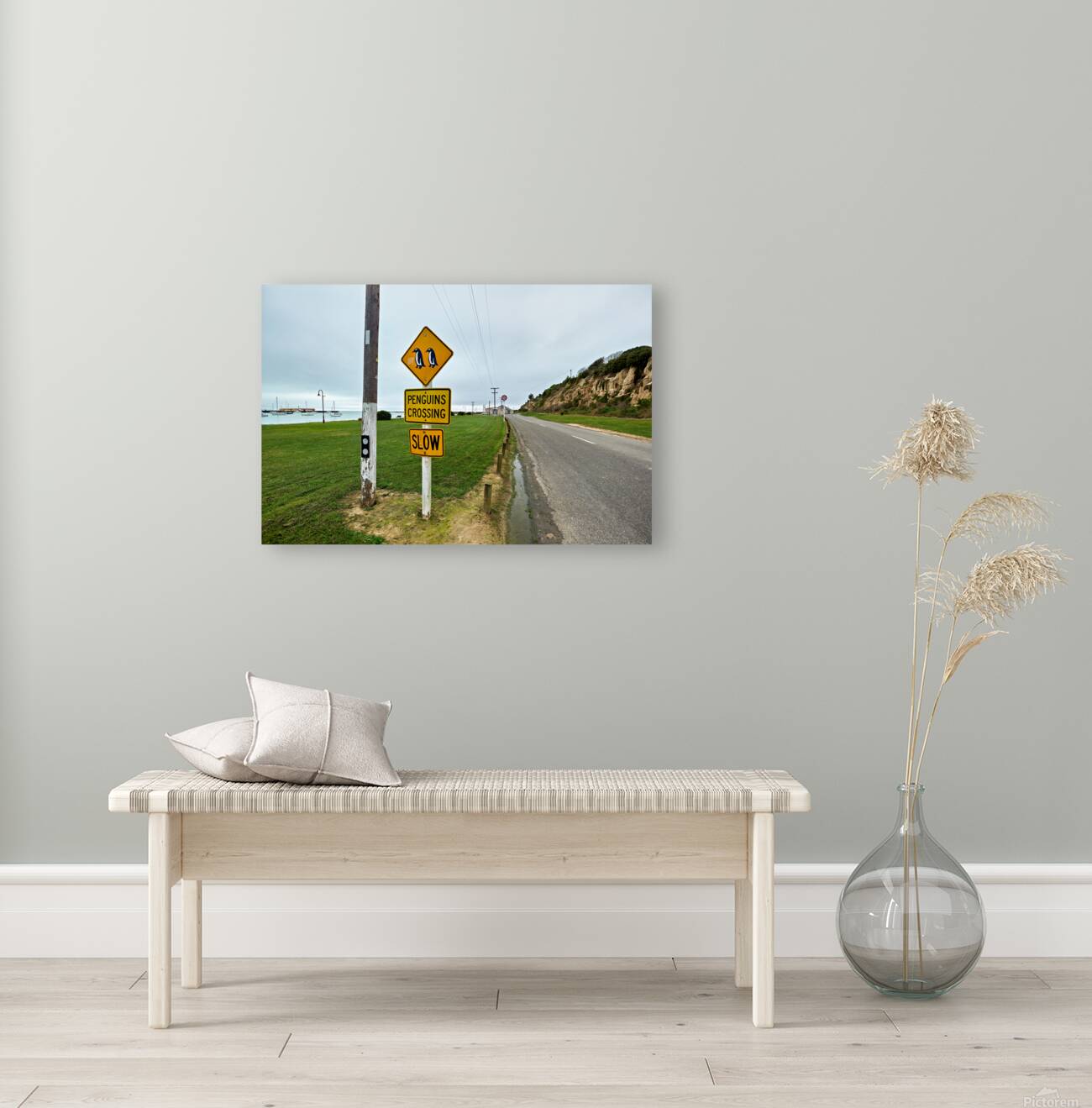 Penguin crossing sign alerts wildlife in Oamaru NZ Reproduction