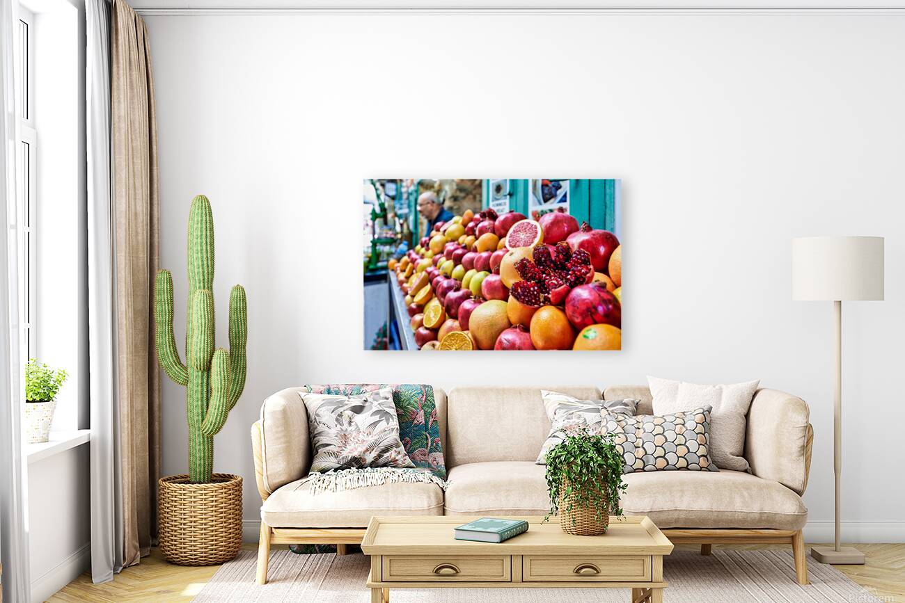 Fresh fruit stall in old city of Jerusalem filled with colorful  Reproduction