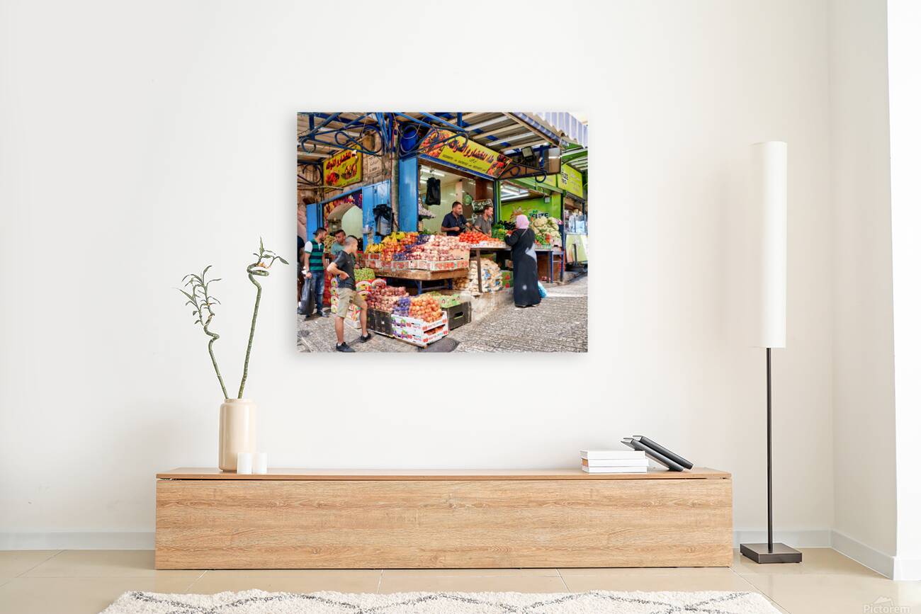 Greengrocer stall in the old city of Jerusalem busy with shopper Reproduction