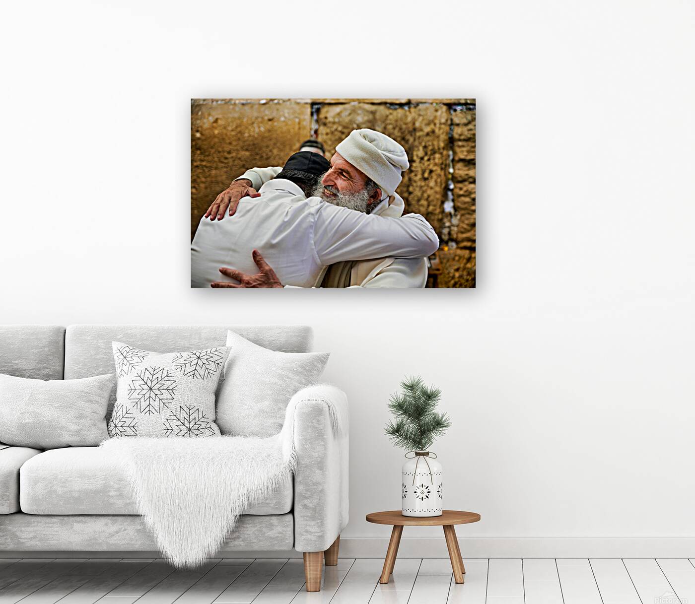 Men embrace each other at the Wailing Wall in Jerusalem Reproduction