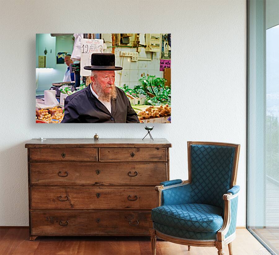 Elderly man in Mahane Yehuda Market in Jerusalem during a busy d Reproduction