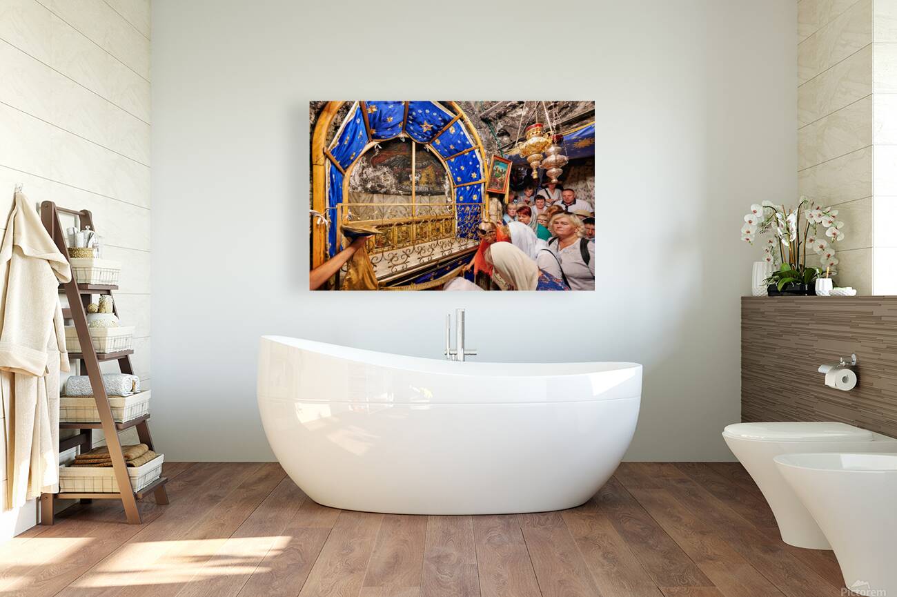 Visiting grotto of nativity in Bethlehem Jerusalem during the d Reproduction