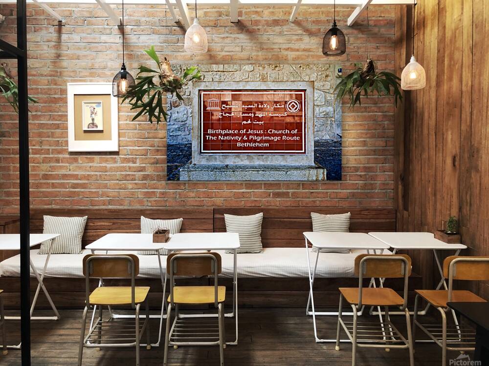 A sign marks the Church of the Nativity in Bethlehem Israel Reproduction