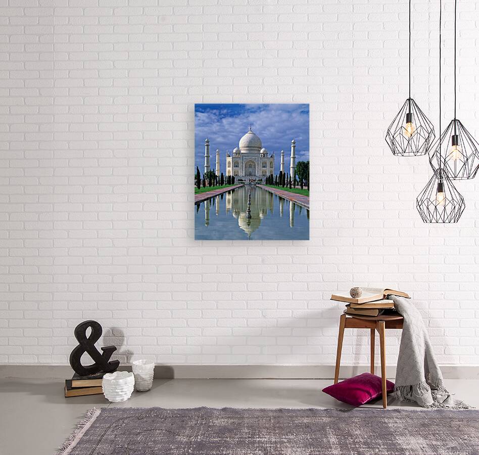 Taj Mahal stands in Agra with clear sky and reflecting pool Reproduction