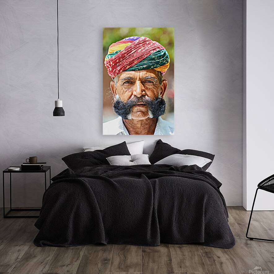 Senior man in colorful turban in Deshnok Rajasthan India Reproduction