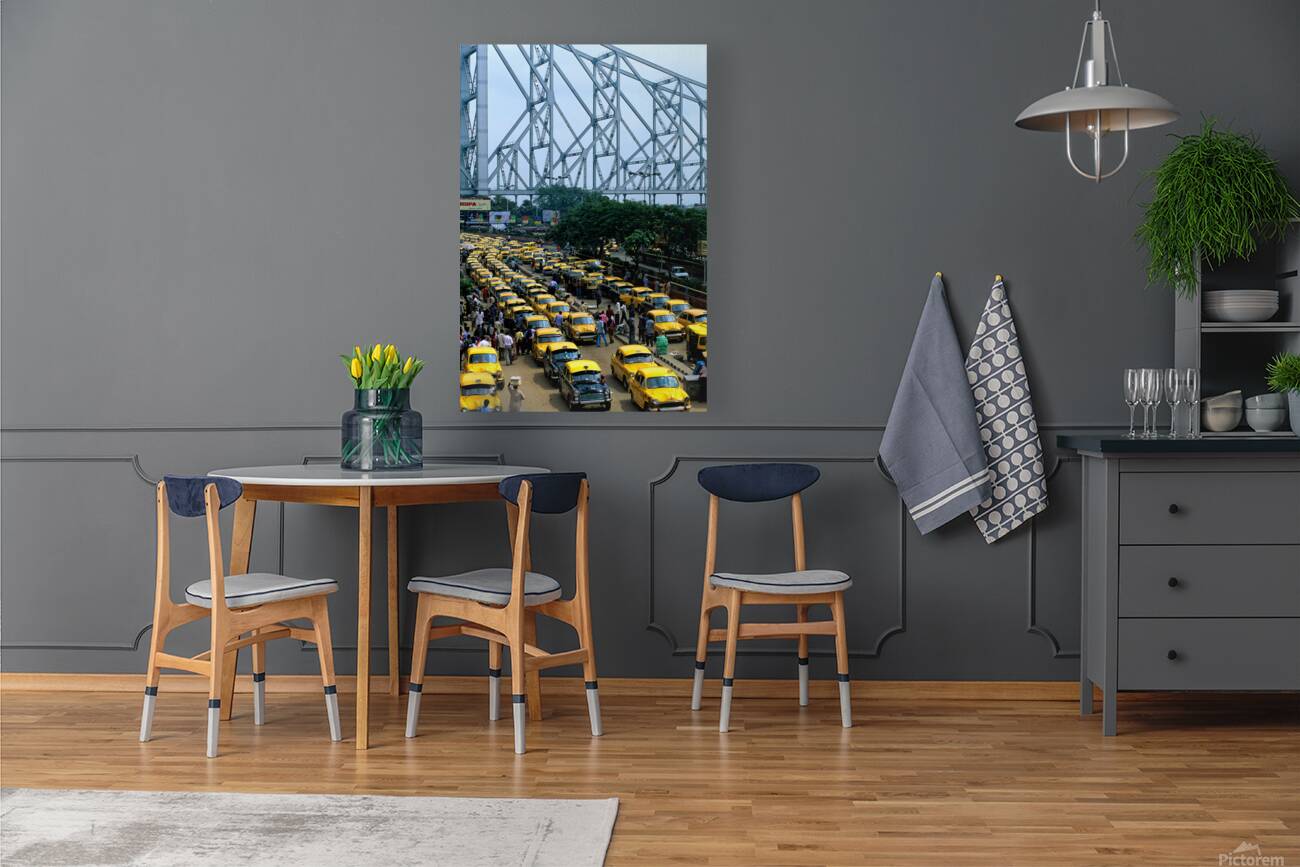 Taxis lined up in Calcutta Kolkata near the Howrah Bridge Reproduction