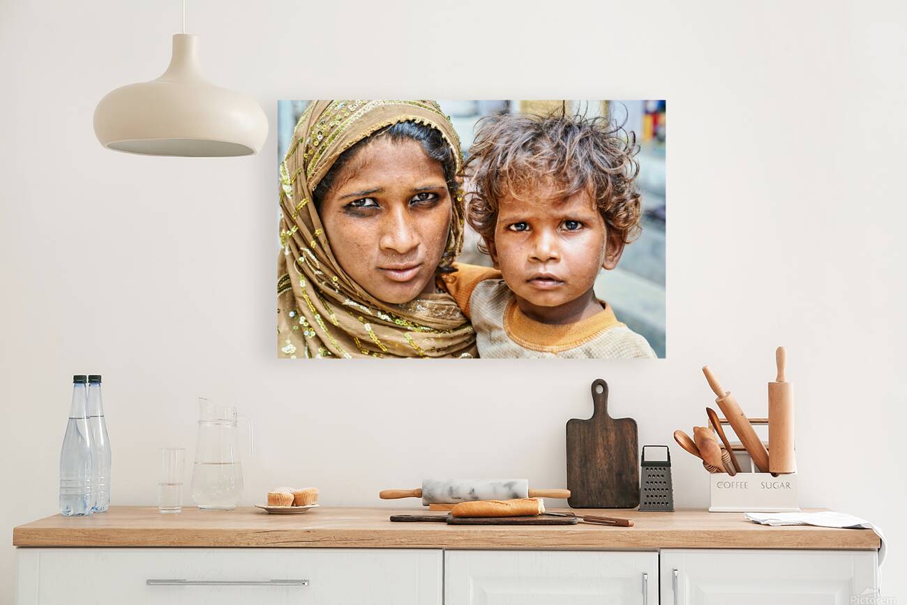 Mother and son standing together in Mandawa Rajasthan Reproduction
