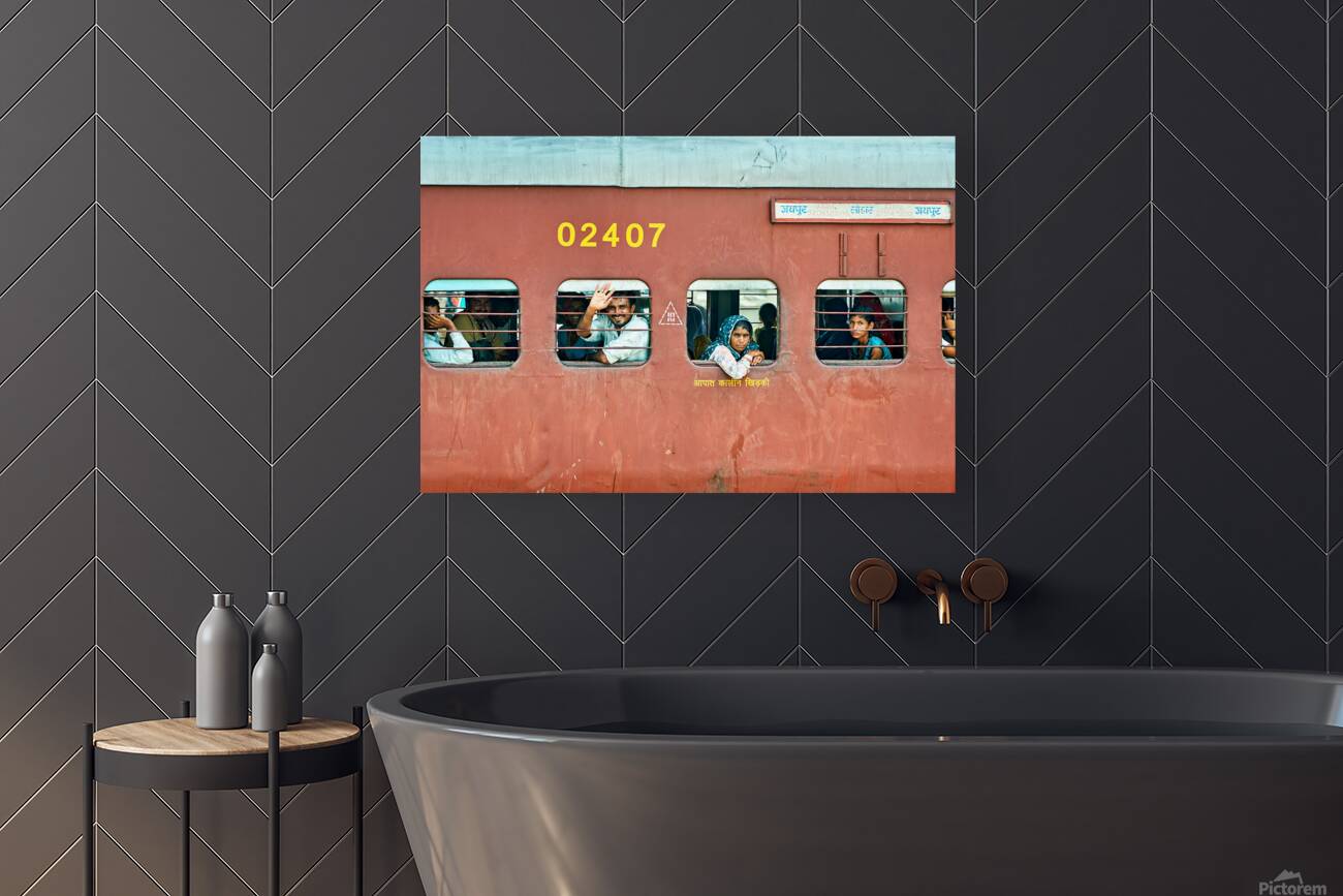 People travel on a train in Rajasthan India during the day Reproduction