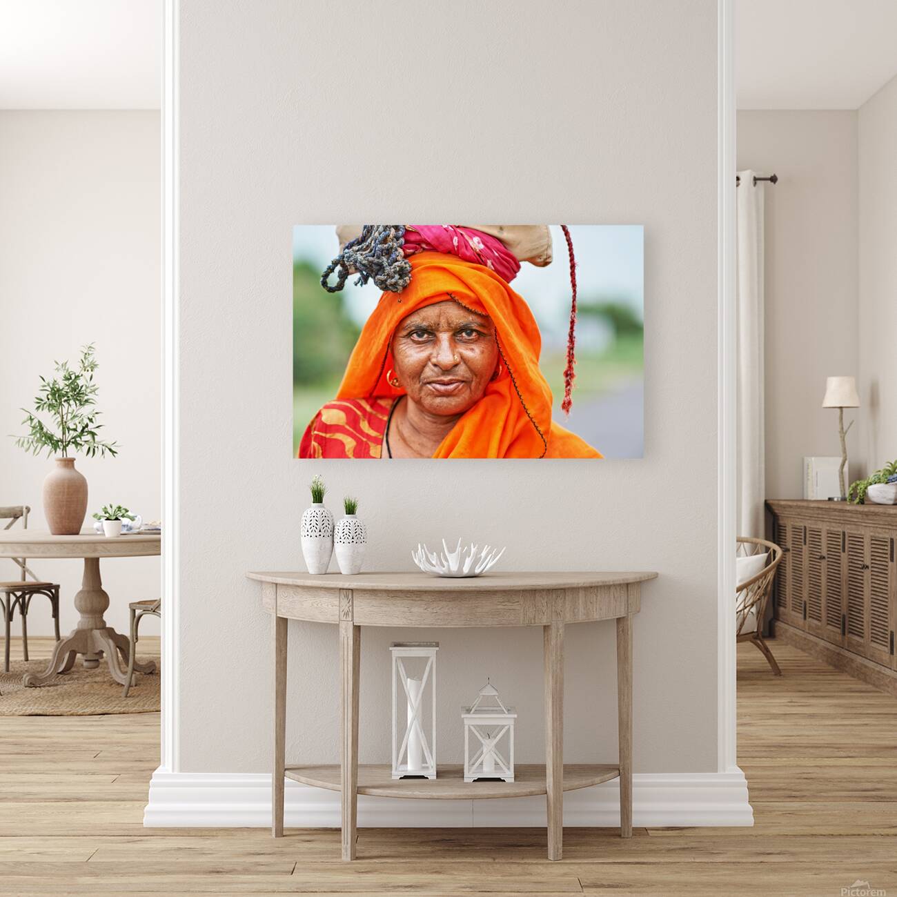 Portrait of an old woman in Rajasthan India wearing bright clot Reproduction
