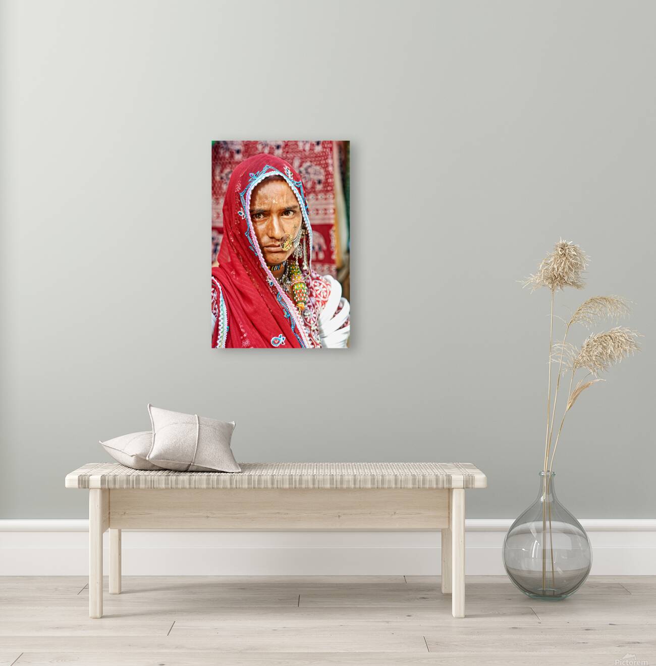 Portrait of a woman in traditional dress from Jaisalmer India Reproduction