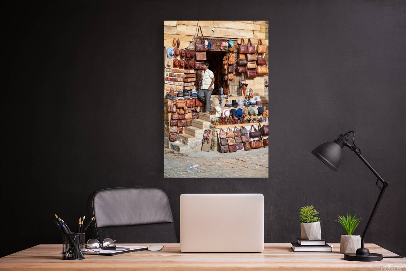 Selling leather bags in Jaisalmer from a shop Reproduction