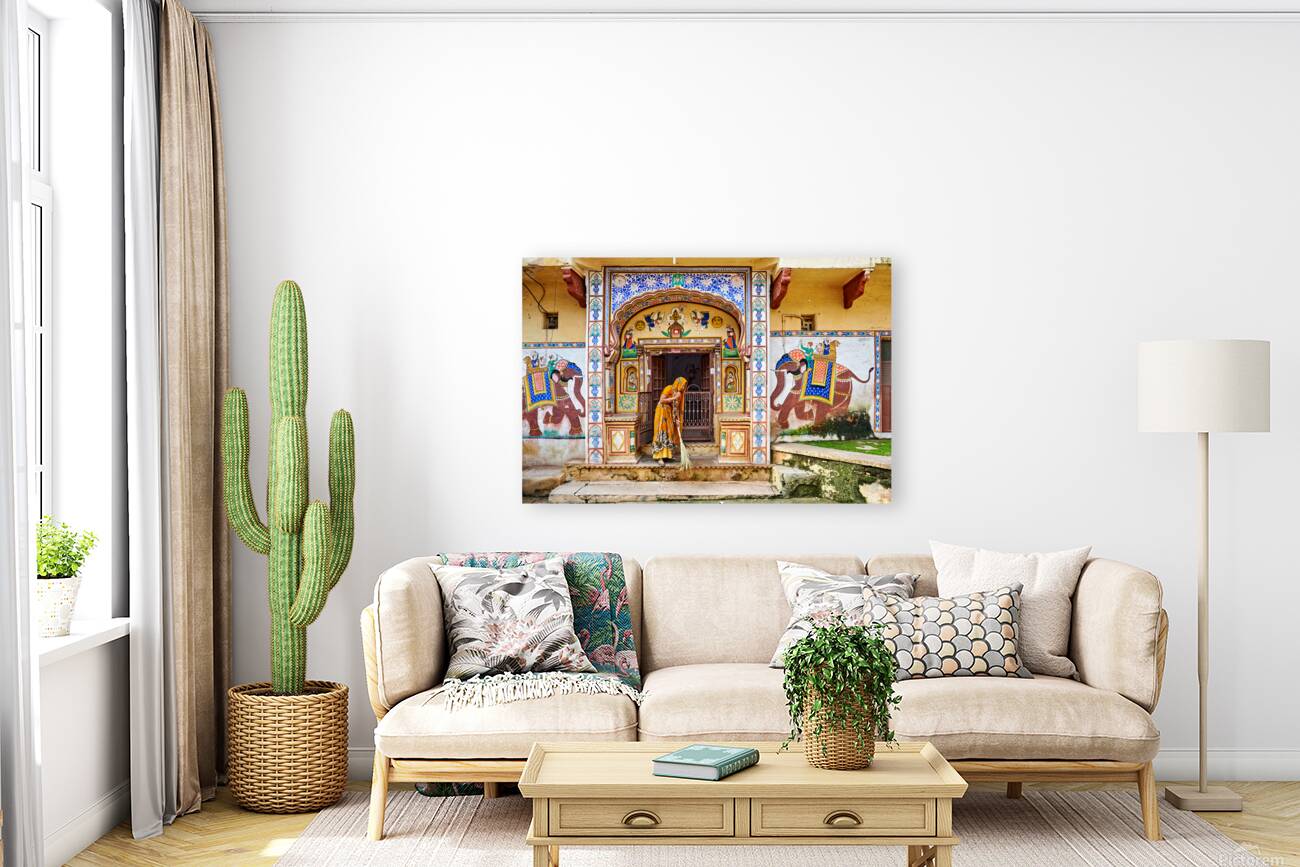 Bundi Rajasthan house with painted walls and a woman sweeping Reproduction