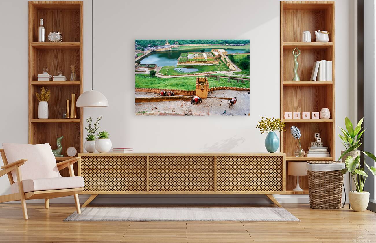 Exploring Amber Palace in Rajasthan with visitors and elephants Reproduction