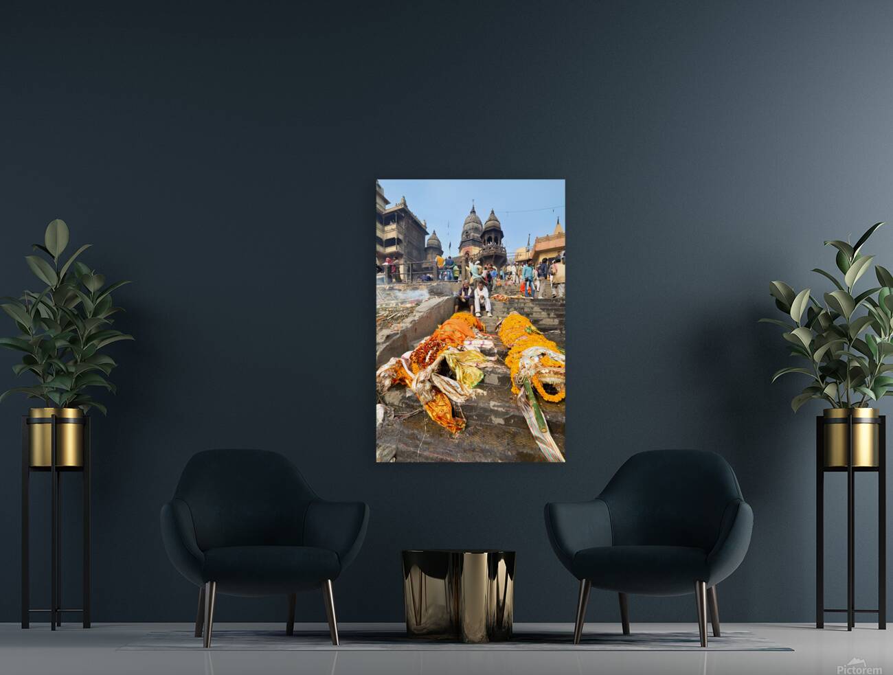 Cremation rites along the river Ganges in Varanasi India Reproduction