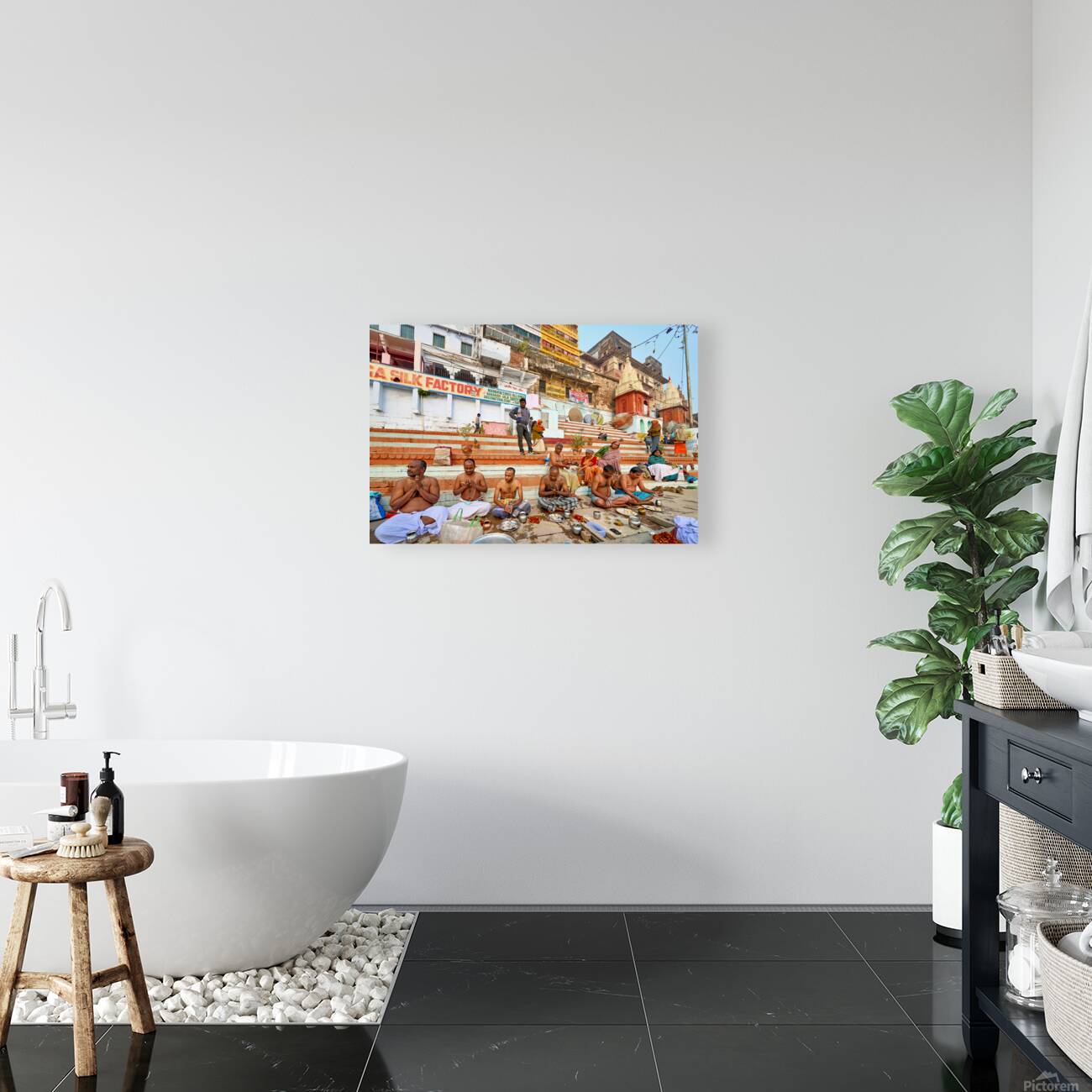 Barechested men offer prayers by the Ganges River in Varanasi Reproduction