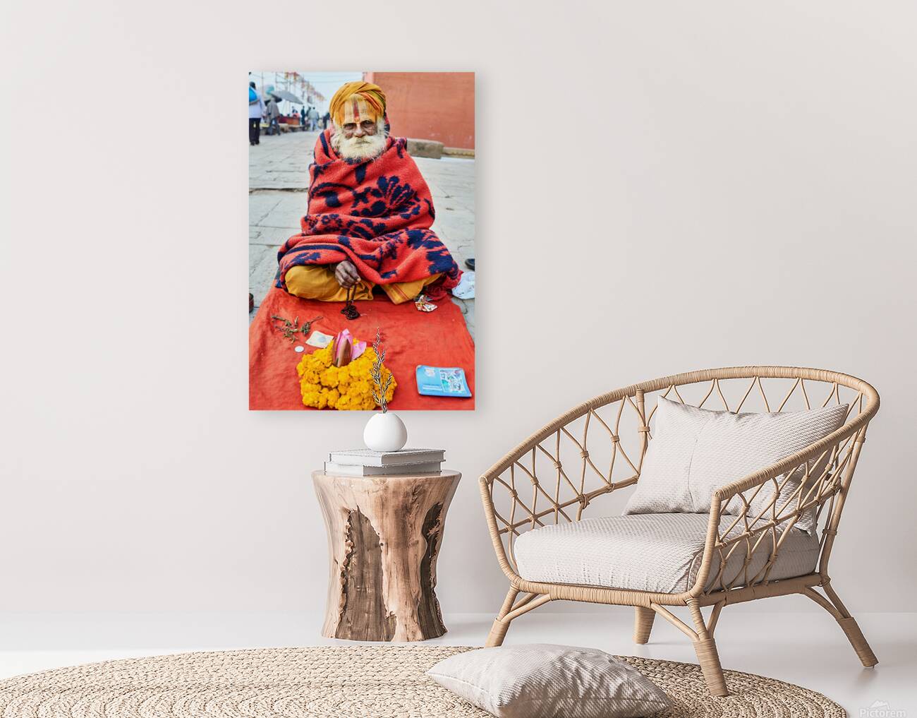 Holy man sadhu sits with offerings in Varanasi Uttar Pradesh Reproduction