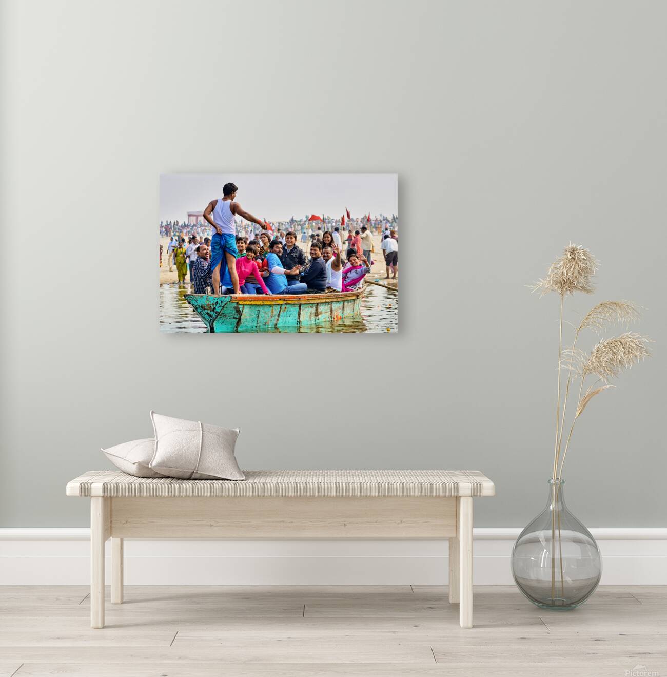 People sit on a boat on the Ganges River Reproduction