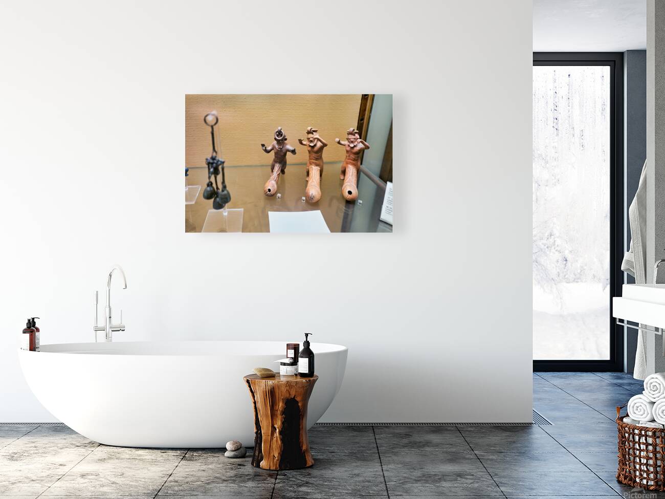 Displays of ancient artifacts are shown in glass cases Reproduction