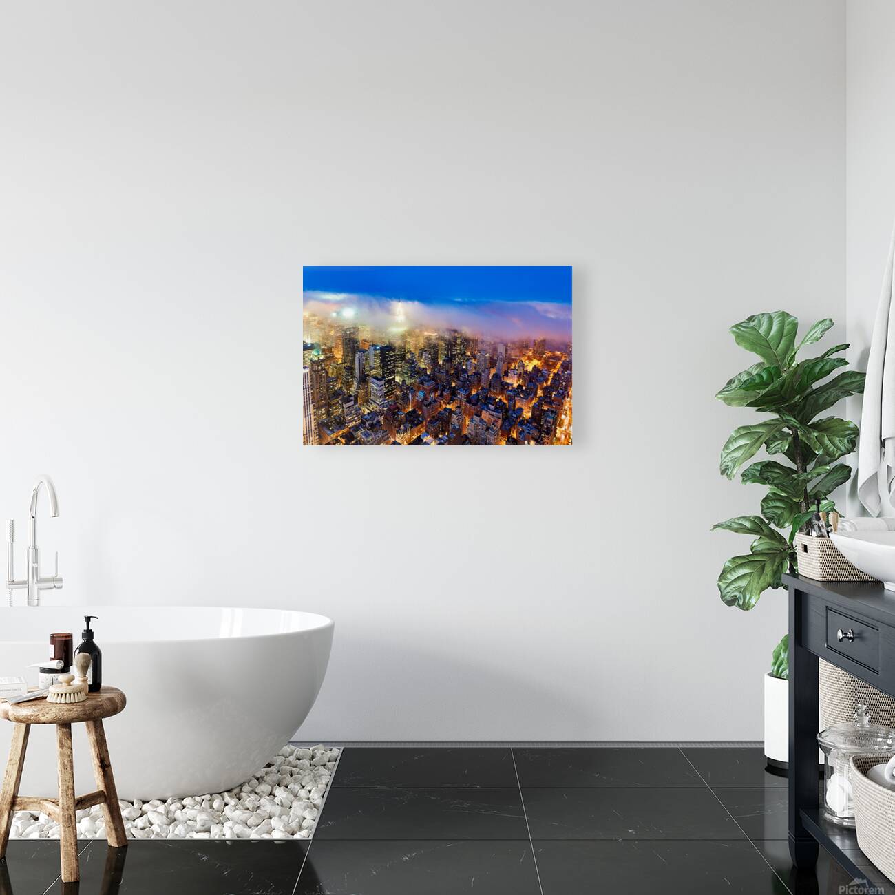 Aerial view shows Manhattan skyline at dusk with city lights Reproduction