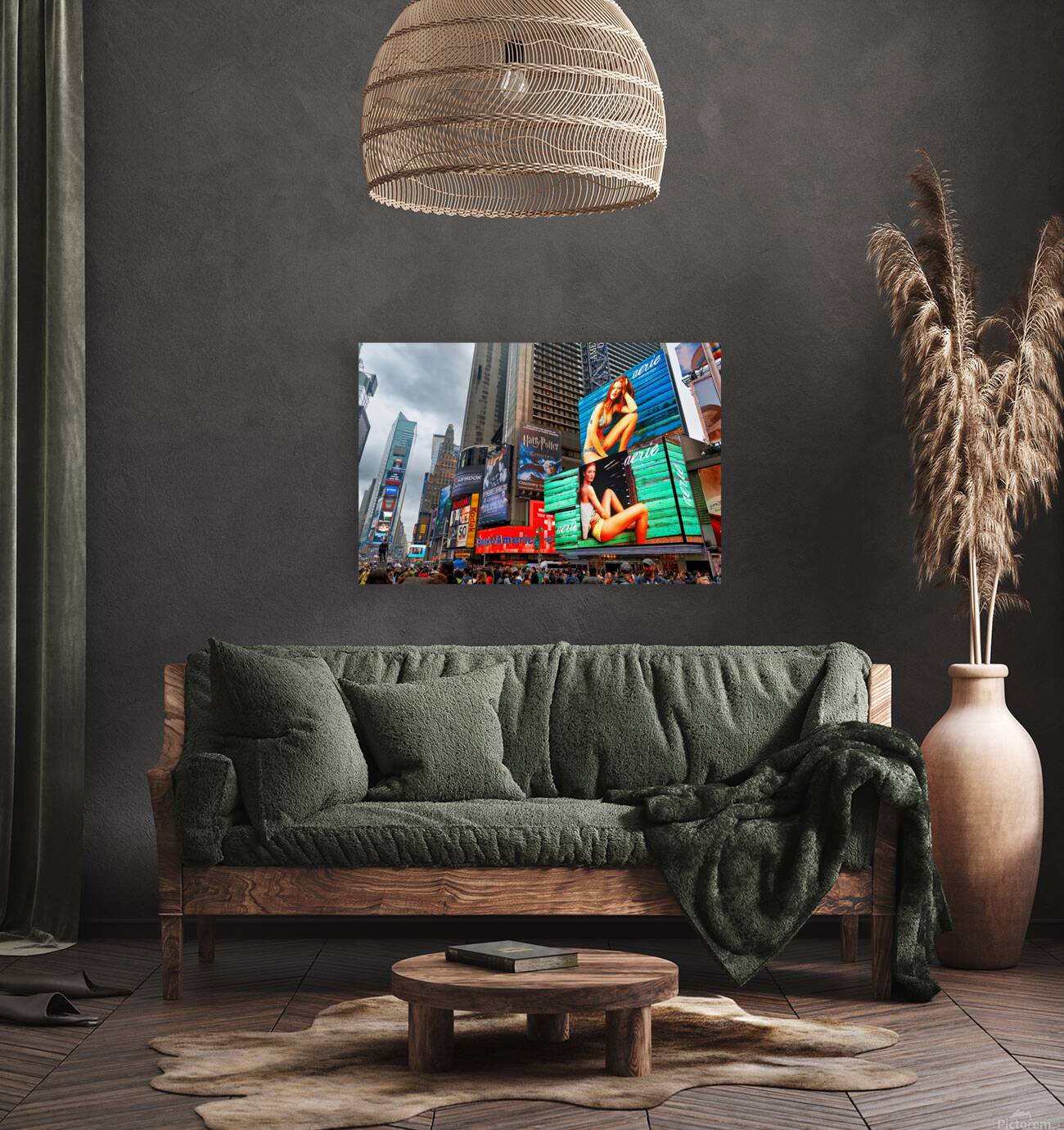 Crowd gathers in Times Square with bright ads in New York City Reproduction