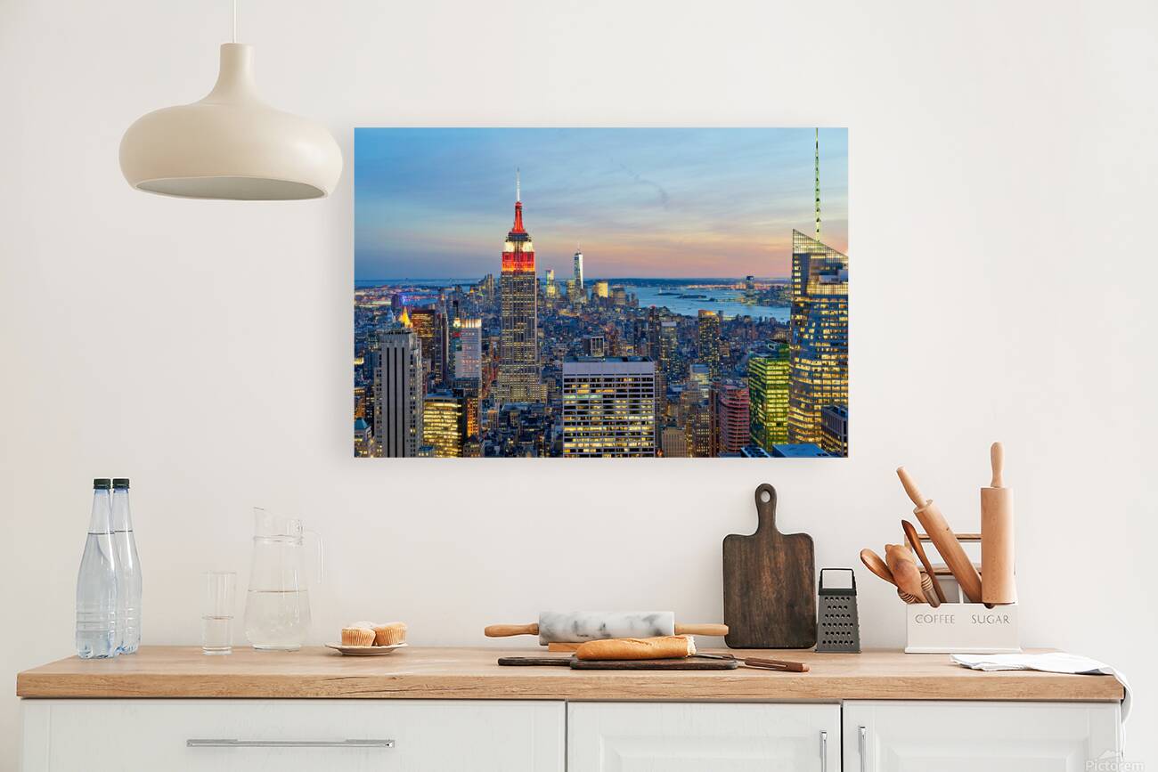 Manhattan aerial view showing Empire State Building at sunset Reproduction