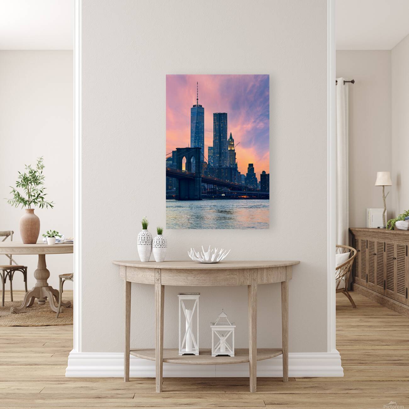 Brooklyn Bridge and Manhattan skyline during sunset in New York Reproduction