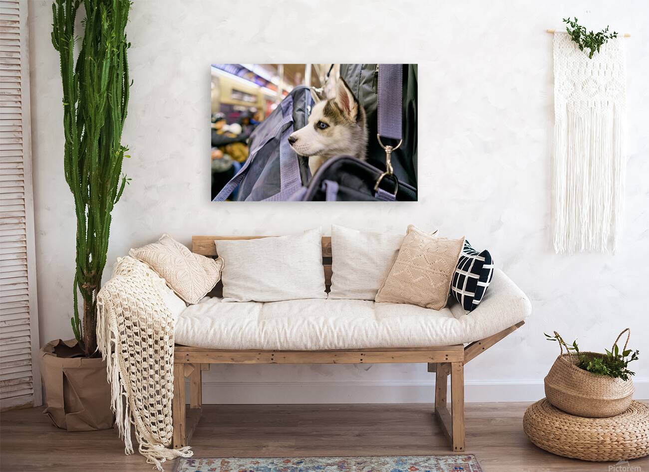 Dog riding in bag on subway in Manhattan New York City Reproduction