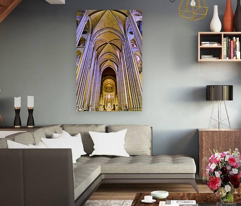 Manhattan cathedral interior showing arches and altar area Reproduction