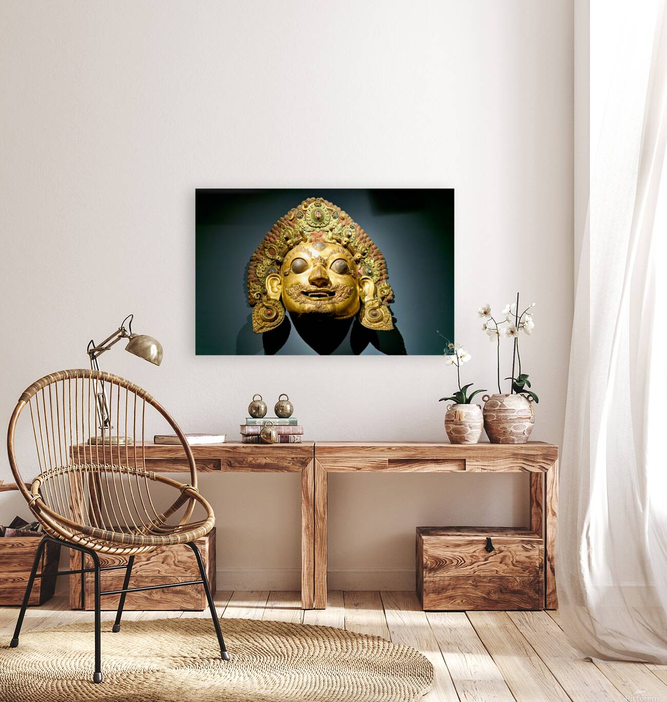 Golden face mask displayed at the Asian Art Gallery in Manhattan Reproduction