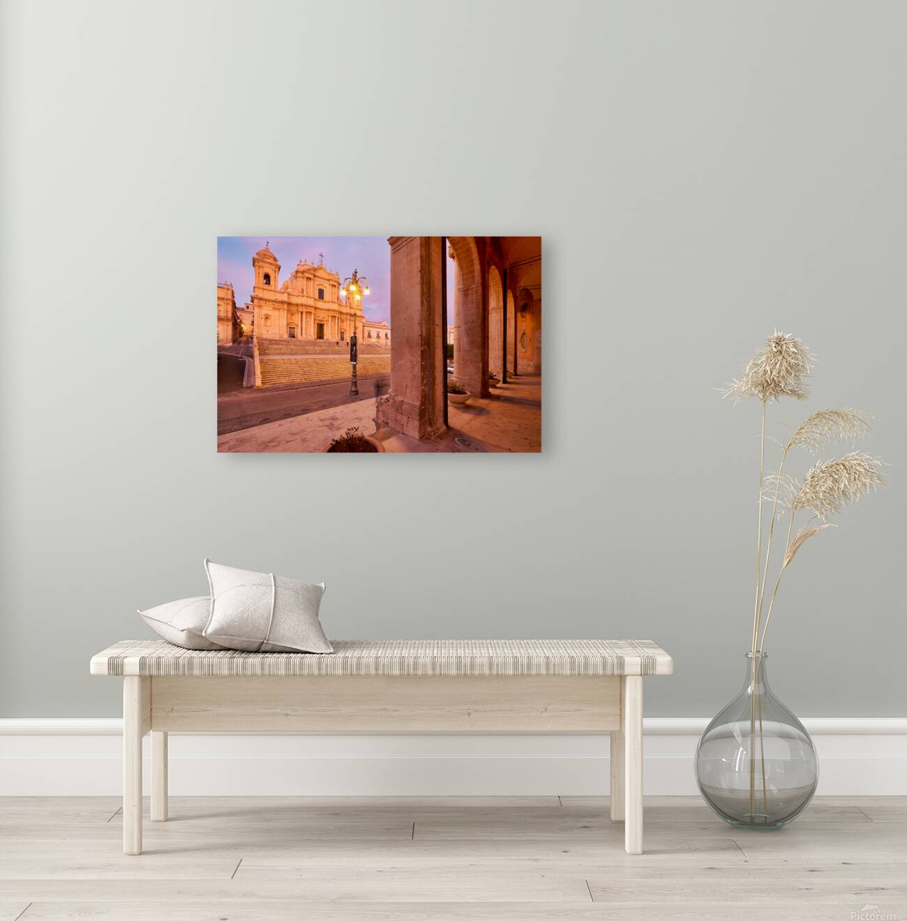 Noto Cathedral in Sicily glows at dusk with streetlights Reproduction
