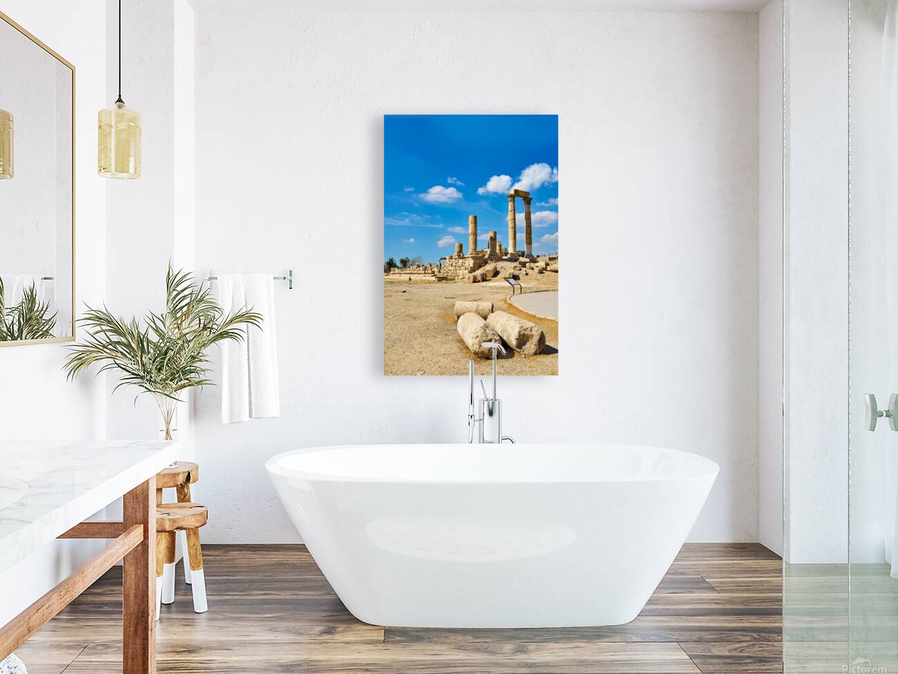 Ruins of the Citadel in Amman with pillars and cloudy sky Reproduction