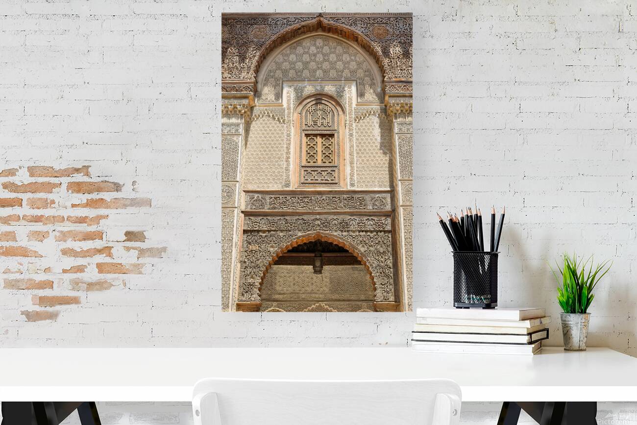 Detailed architecture at Al Attarine Madrasa in Fez Morocco Reproduction