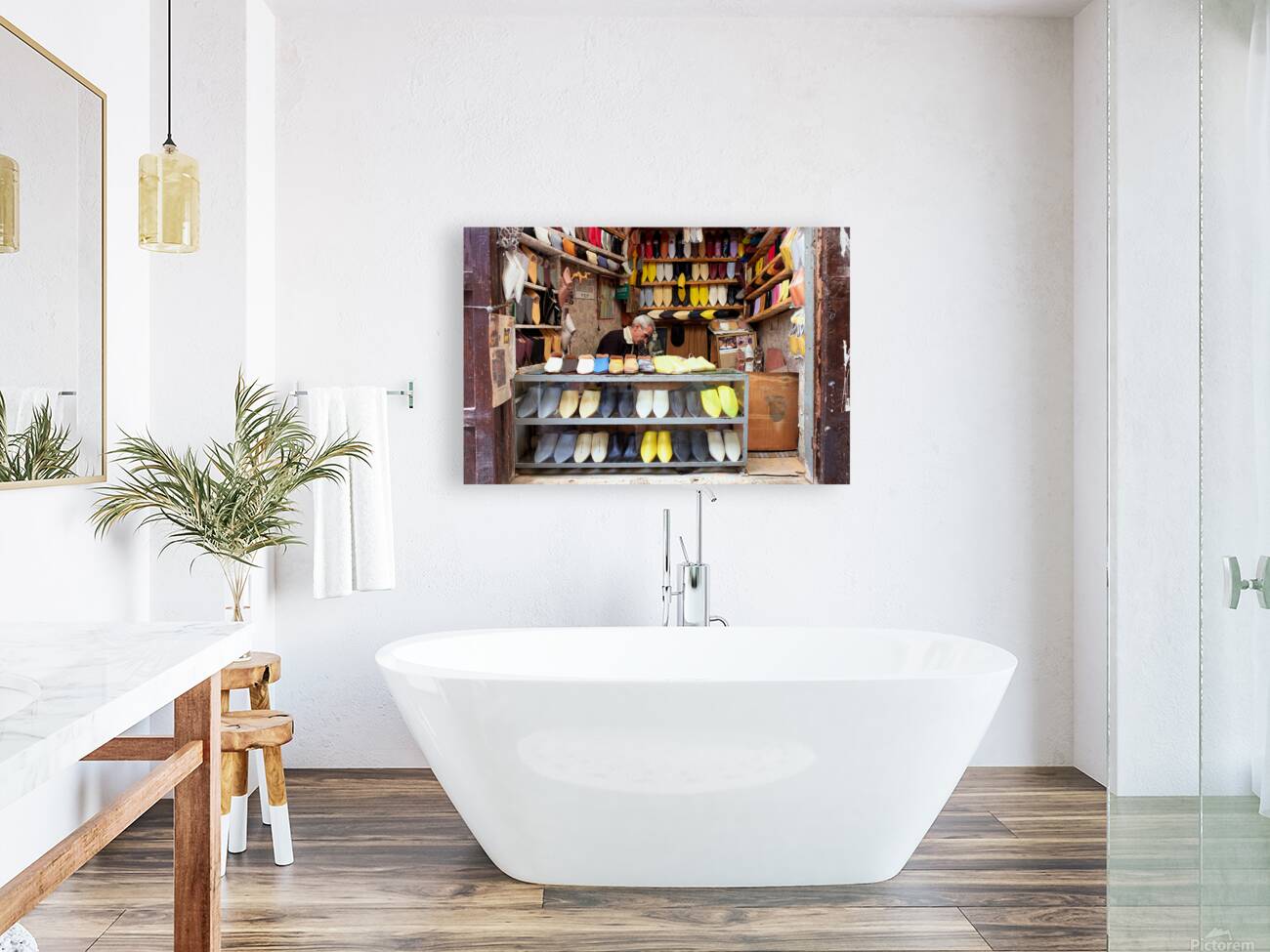 Moroccan babouches shoes in a Fez shop with a vendor Reproduction
