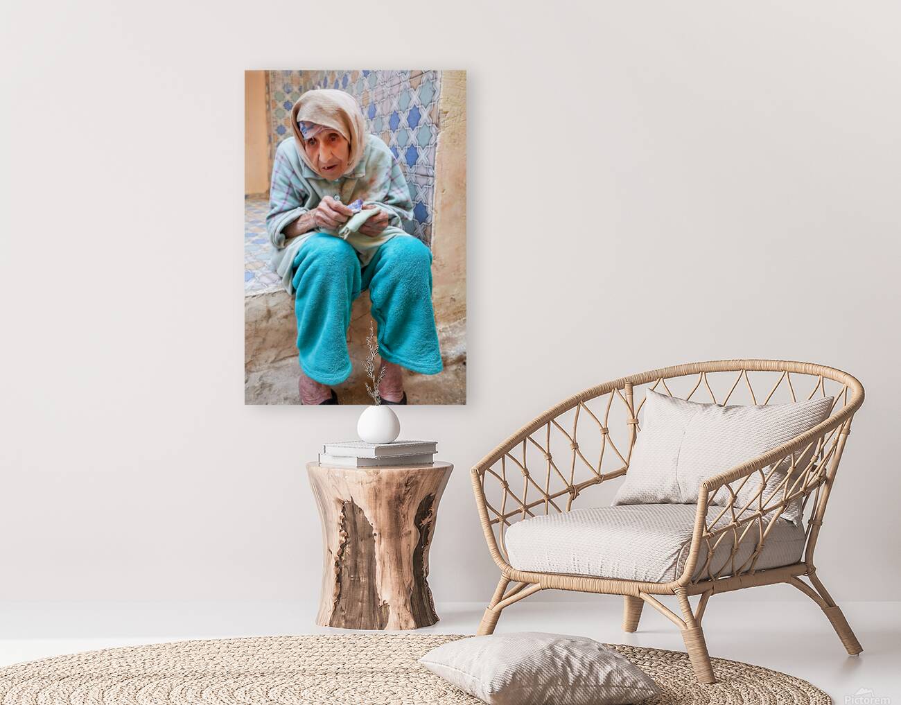 Beggar sitting in Fez Morocco with worn clothes and hands Reproduction