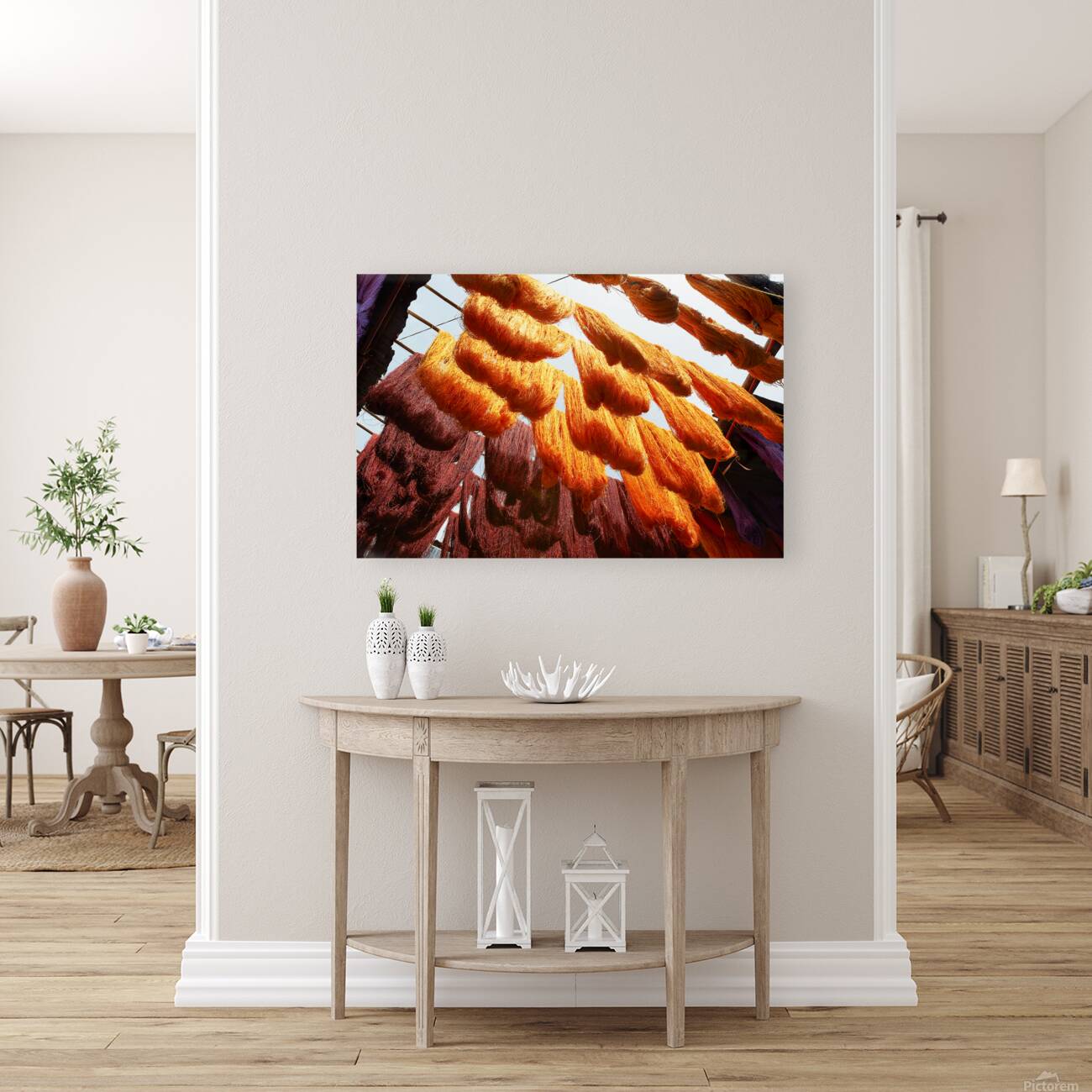 Colorful threads hanging in the dyers souk of Marrakesh Morocco Reproduction