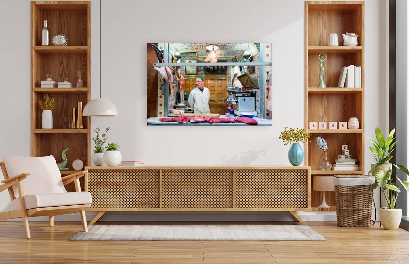 Butcher sells camel meat in the souk of Meknes Morocco Reproduction