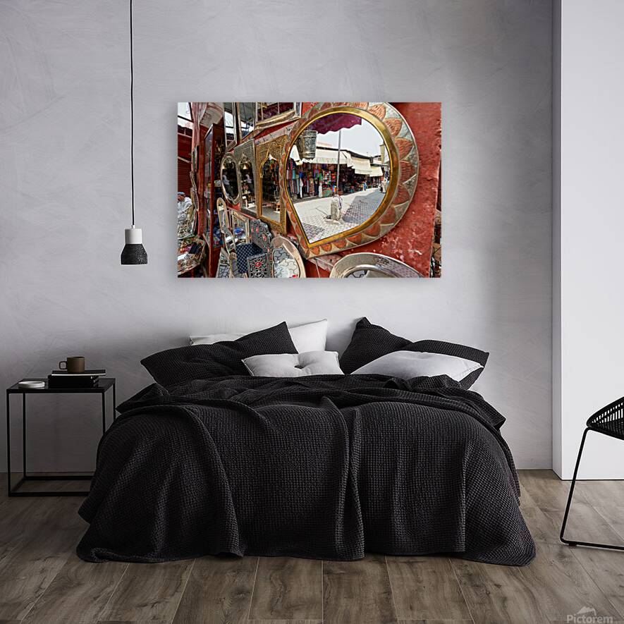 Life in the souk of Marrakesh showing local shops and items Reproduction