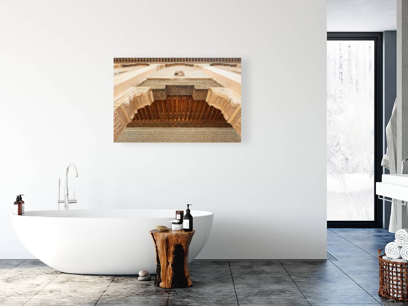 Child looks out from window of Madrasa Ben Youssef in Marrakesh Reproduction